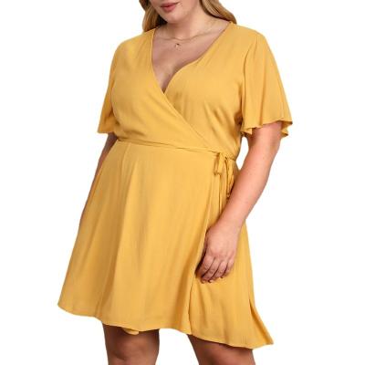 China 2022 Classic Mustard Yellow Wrap Dress Women Summer Solid Short Dress Breathable Casual Dress V Neck A Line for sale