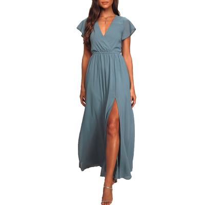 China Fashion Breathable Summer Casual Chiffon Dresses Bohemia Elastic Women's Waist V-neck Solid Color Simple Element Dress Wholesale for sale