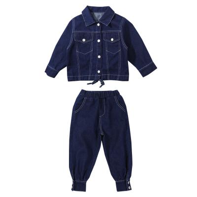 China Autumn Girls Denim Jacket Casual Suit Children's Lapel Coats Child's Casual Pants Two-Piece Suit for sale