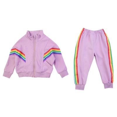 China Girls Casual Spring and Autumn Sports Suit Rainbow Stripes Kids Solid Color Leisure Two-piece Suit for sale