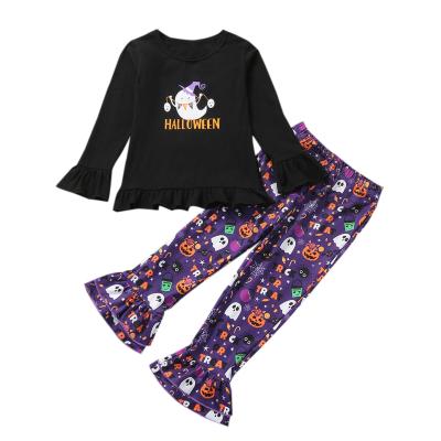 China Casual Girls Spring And Autumn Halloween Cartoon Sweater Pumpkin Letter Print Flared Pants Costume for sale