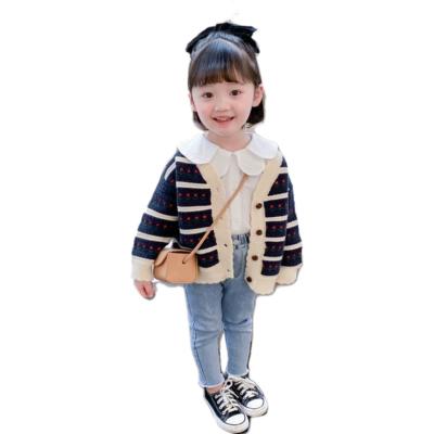 China Cute Anti-Shrinkage Children's Sweater Cardigan Girl Baby Striped Top Girls Knitted Jacket Sweater for sale