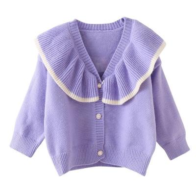 China Factory Autumn Knitted Poncho Cotton Children Sweater Girl Lotus Leaf Collar Anti-Shrink Cardigan Large for sale