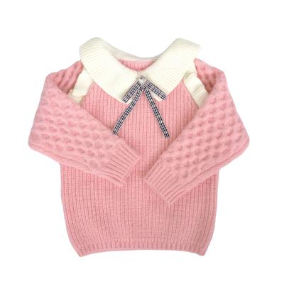 China Cute Ruffled Knitted Sweaters Solid Color Lapel Sweaters Babies Girls Sweaters Anti-Shrink New for sale