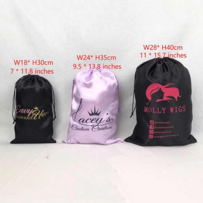 China Custom Made Household Wig Bag Satin Wig Bag With Logo Silk Storage Bag With Hanger Satin Hair Extension Bags For Wigs Packaging for sale