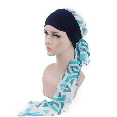 China 2021 New Feeling Women's Silk Scarf Hat Women Soft Smooth Muslim Riband Chiffon Riband Knotted Elastic Headwrap Spring Hat for sale