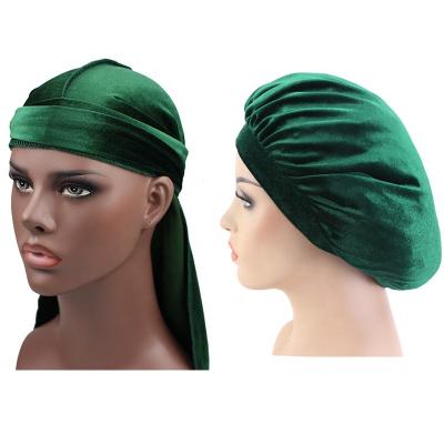 China Other Seller Custom Logo Wholesale Matching Velvet Durag And Hood Set His And Her Couples Beanie Velvet Sleep Bonnet Sets for sale