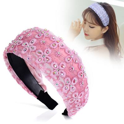 China Soft Non-slip Headband Wrap Hair Satin Wide Brim Headbands Lace Friendly Material With Teeth Rhinestone Crystal Hairband for sale