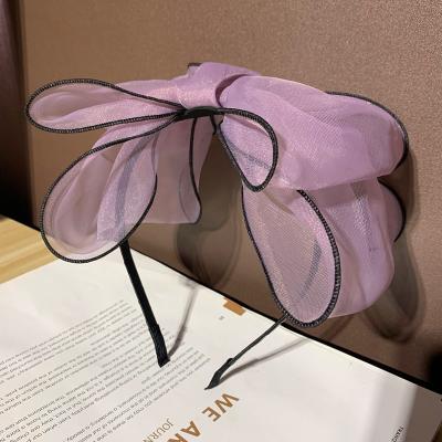 China Korea Hot Selling Soft Satin Bow Headband Top Knotted Mesh Girls Big Bow Headband For Cloth Wrapped Metal Headband Hair Hoop for sale