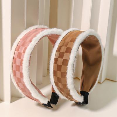 China Newest Design Headbands Autumn Winter Fur Hairy Warm Soft Warm Hairbands Wide Plaid Checked PU Leather Headband Women Lady for sale