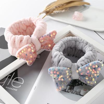 China Comfortable Soft Fashion Soft Wash Face Make Up Headband Spa Bow Tied Sequin Headband For Women for sale