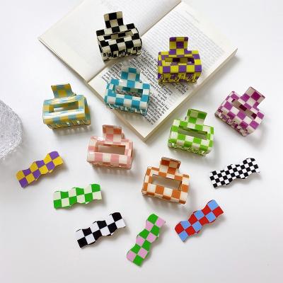 China Wholesale Vintage Checkerboard Claw Clips Cute Plaid Square Checked Hair Claw Clips Colorful Checker Acetate Hair Clip for sale