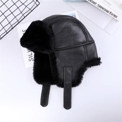 China COMMON 2021 Winter Mens Shearling Wool Bomber Hat Ushanka Hat Labm 100% Fur Trapper Russian Man Ski Hats Real Leather Caps for sale