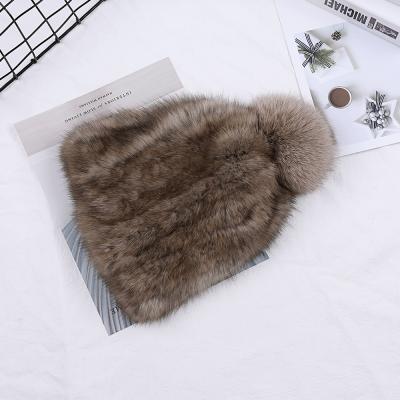 China COMMON High End Women's Winter Knitted Real Fox Fur Beanie Russian Mink Cap With 100% Sand Fur Hat Pom Poms Female Warm Thick for sale