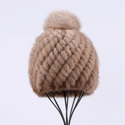 China COMMON Women's Winter Mink Fur Knitted Hat Real Fur Beanie Caps With Fox Fur Ball Pom Poms for sale