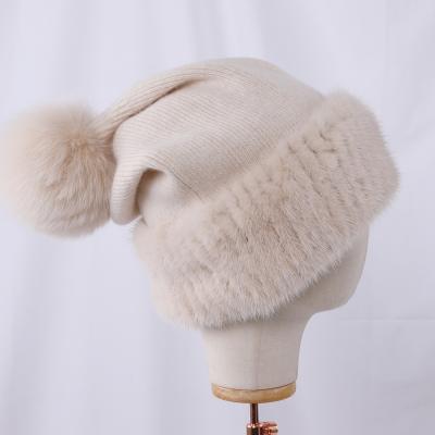 China COMMON Fox Fur Winter Knitted Mink Fur Hat Cap Natural Patchwork Belend High Quality Women's Wool Real Pom Poms Cashmere Beanie for sale