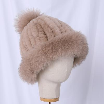 China 2021 COMMON Women's Winter Natural Pom Poms Hats Beanie Lady Fox Fur Trimming Cap Hat Kniited Rex Rabbit Fur Fox Fur for sale