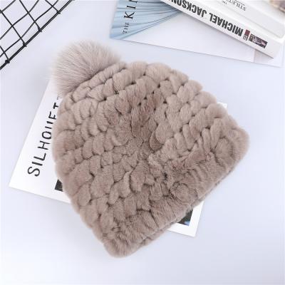 China European Resort Luxury Women's Madame Winter Warm Bucket Hat Rex Rabbit Fur Beanie Hats True With Fox Fur Pom Poms Solid Color for sale