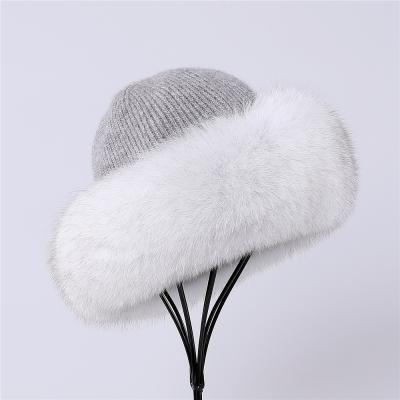 China 2021 New JOINT Women's Angora Knitted Beanie Hat With Fox Fur Trimming Bucket Hat Top Hats Shear Lining for sale