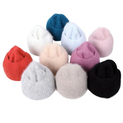 China COMMON Hot Sale Women Winter Knitted Beanie Hat Custom Logo Long Hair Beanie Woman angora Beanie Hat Warm Knit Skull for sale