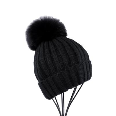 China 2021 COMMON Hot Sale Winter Wool Blend Fox Fur Pom Pom Beanie Hat for sale