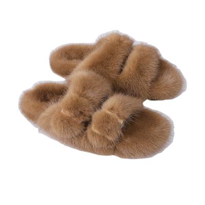 China Fashion Trend Women's Winter Real Mink Fur Slippers Flat Heel Slides Lady Luxury Fur Outdoor Sandals Good Quality Warm Sliders for sale