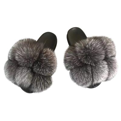 China Fashion Trend New Design Fox Fur Sandals Girls Shape Real Fur Ball Slips Women's Six Fluffy Fur Pom Pom Slippers for sale