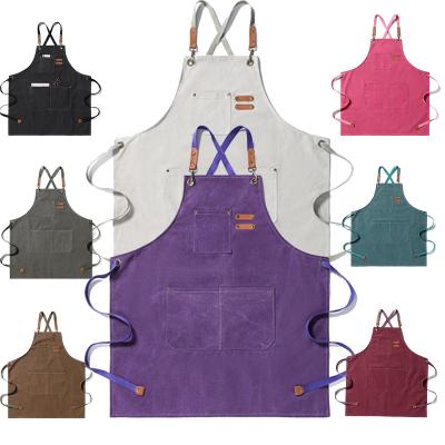 China Durable Leather Canvas Kitchen Aprons For Woman Men Chef Stylist Apron Cafe Shop Beauty Nails Studios Grill Restaurant Uniform Apron for sale