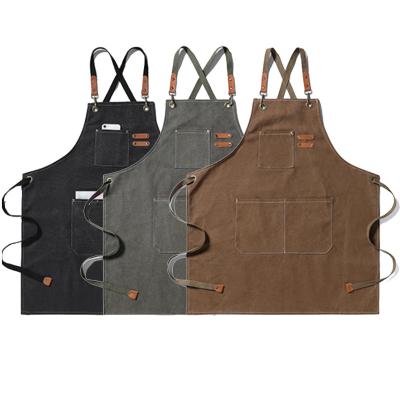 China Durable Leather Canvas Kitchen Aprons Cross Back Bartender Denim Chef Stylist Apron Beauty Nails Studios Grill Restaurant Uniform Apron for sale