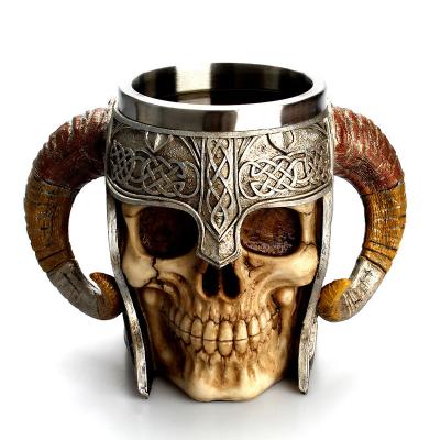 China Viable Viking Death Grim Reaper Skull Mug with Fire Dragon Handle Goat Horn Gothic Design Coffee Beer Mugs Stainless Steel as Halloween for sale