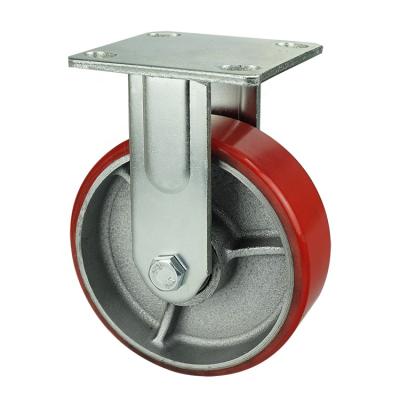 China Rigid High Load Capacity Heavy Duty Red Cast Iron Core PU Fixed Caster For Industrial for sale