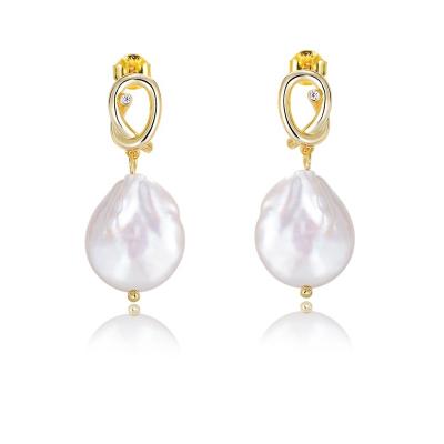 China Eco-friend Women Jewelry Fashionable Earrings Knot 925 Sterling Silver Dangle Charm Gold Plated Baroque Pearl Earrings for sale