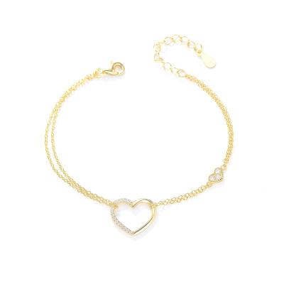 China TRENDY Double Link Chain Fashion Heart Shape Solid 925 Sterling Silver Bracelet For Women for sale