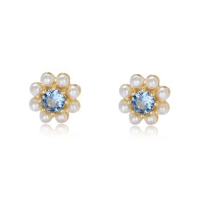 China New Fashion TRENDY 925 Sterling Silver Blue Zircon Pearl Handmade Sweet Flower Stud Earrings for sale