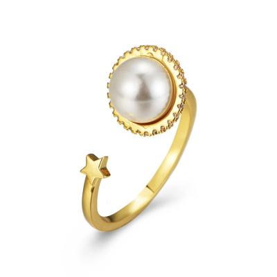 China Trendy Luxury Trendy 14k Gold Plated Pearl Ring Jewelry Brass Adjustable Woman for sale