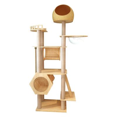 China Sustainable Environmental Protection Rattan Weaving Cat Climbing Frame Toy Tower Large Space Capsule Solid Wood Integrated Jumping Platform for sale