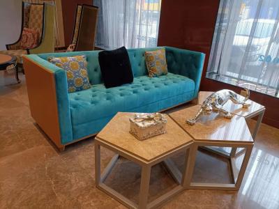 China 2200*900*800mm Gelaimei Wooden Frame Button Tufted Sofa Blue For Living Room for sale