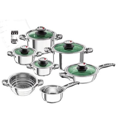 China New sustainable 12pcs stainless steel 12 stage induction cookware set with green glass lid for Europe market for sale