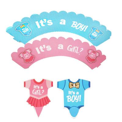 China Handmade 2021 Baby Gender Reveal Party Cake Topper 24 Piece Set Baby Shower Cake Topper Cake Wrapper for sale