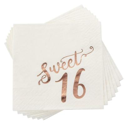 China Rose Gold Paper Foil Sweet 16 Disposable Party Cocktail Paper Napkins for 16th Birthday Decorations and Party Supplies for sale