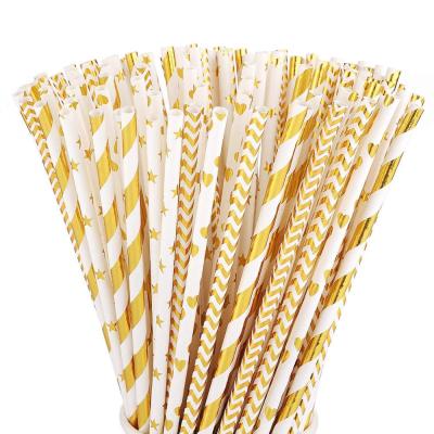 China Wholesale Disposable/Viable/Stocked Gold Foil Straws Bulk 100 PCS Metallic Foil Striped/Wave/Heart/Star Disposable Straws For Birthday Wedding for sale