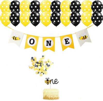 China Honey Bee Themed Decorations Eco-Friendly Disposable ONE Banner Mini Foil Balloon One Cake Topper for Baby's 1st Birthday Party for sale