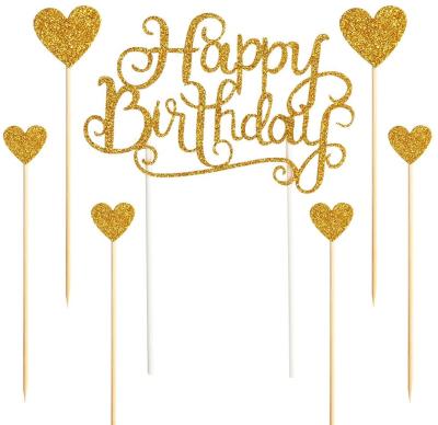 China Happy Birthday Happy Birthday Cake Toppers Gold Glitter Elegant Letters and Heart Shaped Cake Toppers Birthday Party Decorations for sale