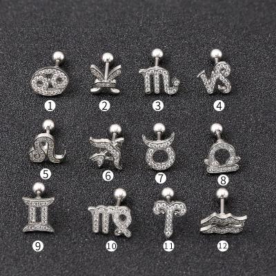 China Xjy 12 CLASSIC Ear Constellation Jewelry Zircon Zodiac Sign Cartilage Helix Rook Piercing Lobe Stainless Steel Screw Back Stud Earring for sale