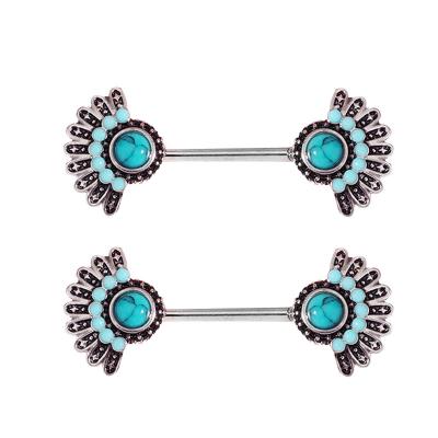 China Hand Stone Nipple Ring Vintage 14G 316L Stainless Steel Turquoise Nipple Piercing Jewelry For Woman for sale