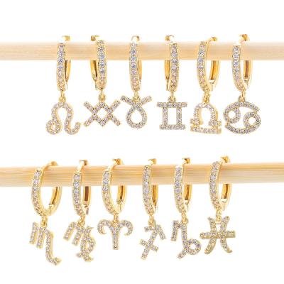 China Xjy Hot Selling 12 Zodiac Hoop Earring Hot Sale 18K Gold Circle 18K Gold Jewelry Hot Sale 3A Zodiac Zodiac Earring For Women for sale