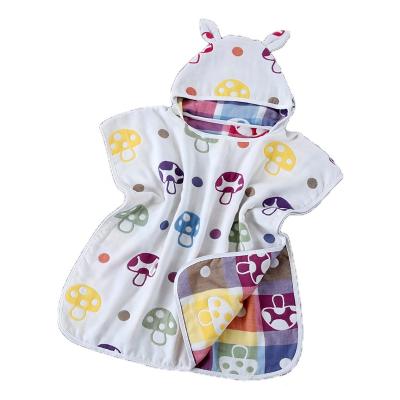 China Breathable Infant Pure Cartoon Jacquard Cartoon Gauze Six-Layer Cotton Baby Hooded Bathrobe With Towel Hooded Bathrobe for sale