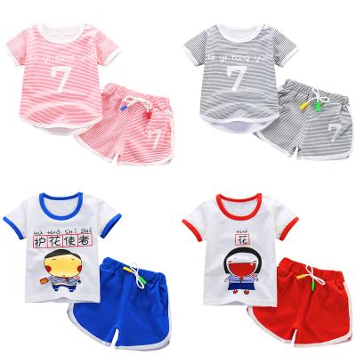 China Casual summer clothes short sleeve T-shirt shorts set girls suit cartoon striped cotton short sleeve shorts wholesale for sale