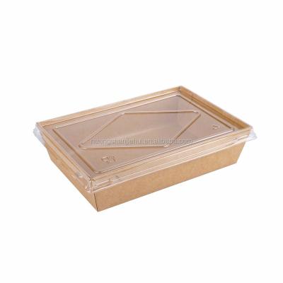 China Recyclable Brown Kraft Paper Container Takeaway Packaging Box With Plastic Lid Single Compartment Takeaway Food Box for sale