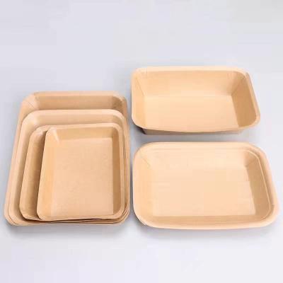 China Wholesale Brown Kraft Paper Food Meat Fruit Salad Waterproof Recycled Paper French Fries Packaging Tray for sale